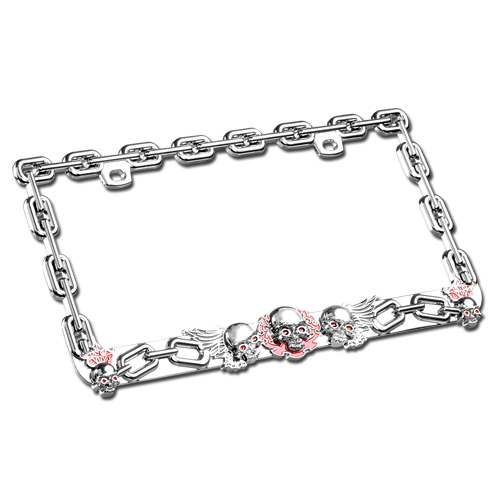 "Raging Skulls with Chain" Chrome Metal License Plate Frame with red accents
